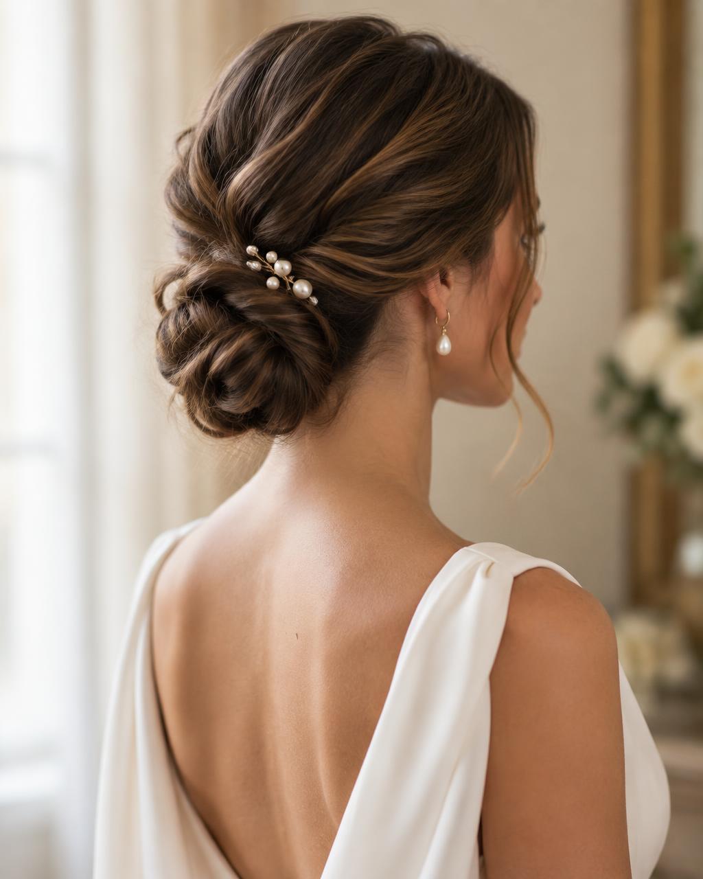 Imagem ilustrativa de penteado de noiva com coque baixo e acessório delicado