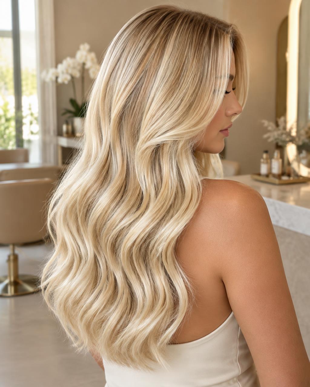 Imagem ilustrativa de cabelo loiro em ondas com acabamento refinado