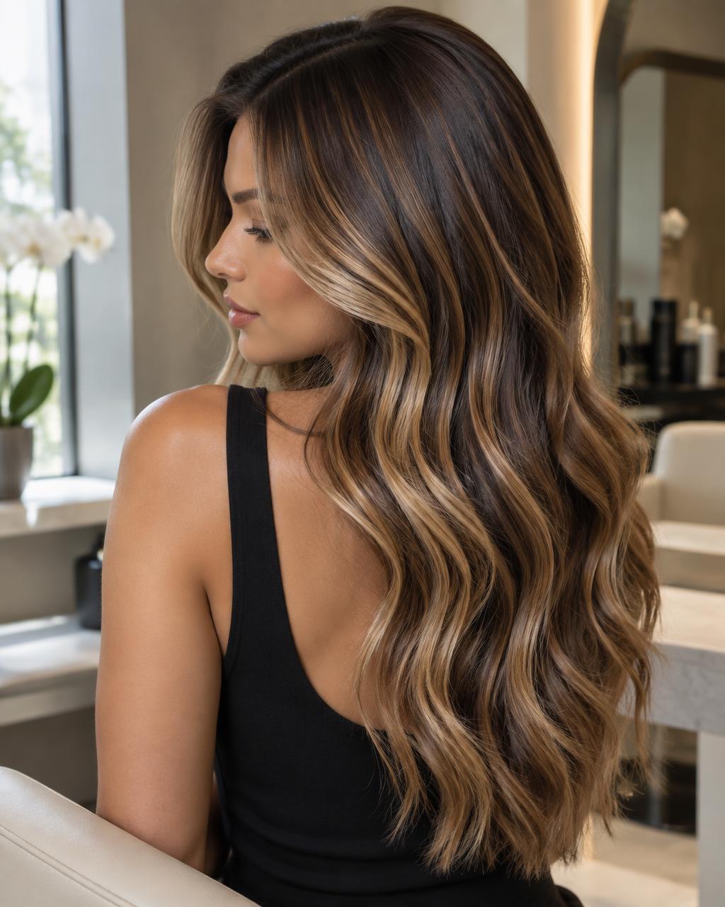 Imagem ilustrativa de cabelo castanho com mechas em tons de caramelo