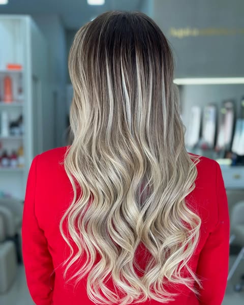 Cabelos longos com mechas loiras e ondas